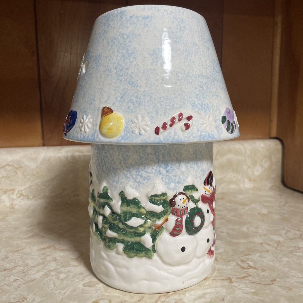RARE Two Piece Ceramic Candle Lamp Christmas Winter Snowmen Perfect Condition‎